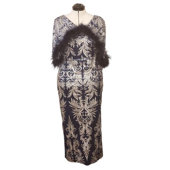 EY Boutique Dresses & Skirts - EY Boutique Blue & Silver Sparkle Sequin Gown w/ Feather Trim, Size XL | NWT